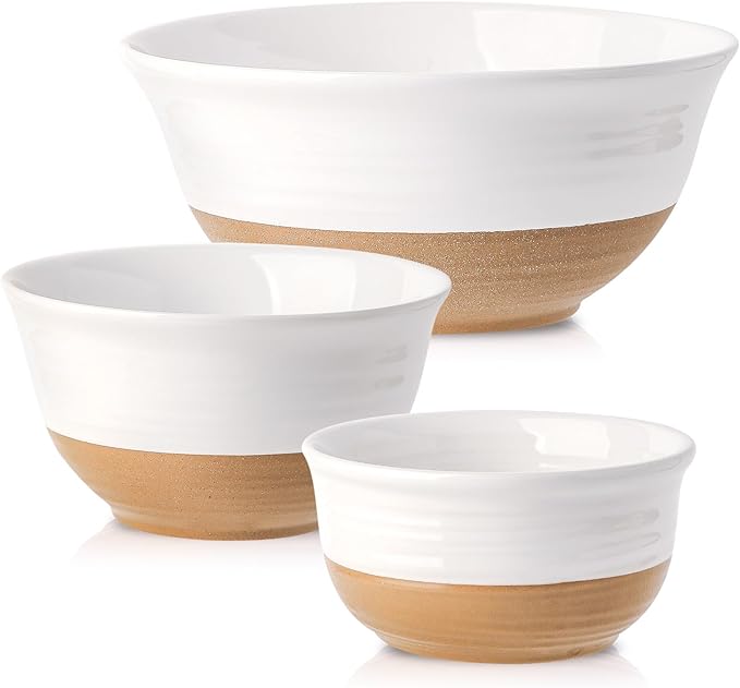 HASENSE Serving Bowls,Ceramic Mixing Bowls, Large Salad Pasta Bowls Set, 2.1/1.0/0.5 Qt for Entertaining, White Nesting Batter Bowls for Prepping Baking, Dishwasher Microwave Safe, Set of 3