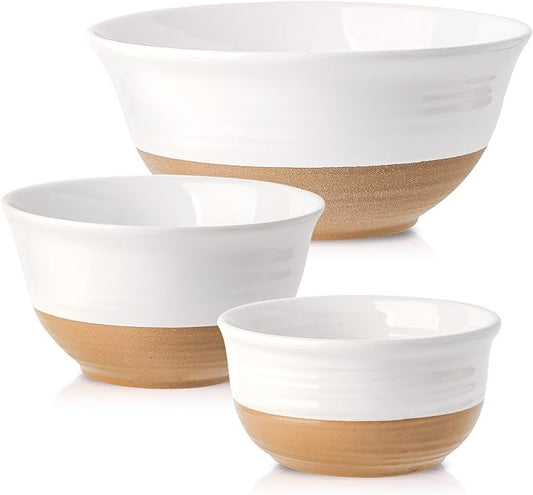 HASENSE Serving Bowls,Ceramic Mixing Bowls, Large Salad Pasta Bowls Set, 2.1/1.0/0.5 Qt for Entertaining, White Nesting Batter Bowls for Prepping Baking, Dishwasher Microwave Safe, Set of 3