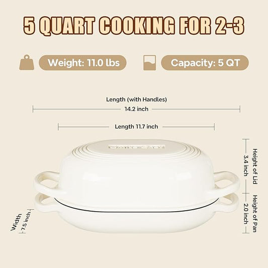 Enameled Cast Iron Dutch Oven for Bread Baking - incl. Sourdough Bread-Baking Supplies like Banneton Bread-Proofing Basket - 5QT Loaf Cast Iron Bread Oven Pan& Meatloaf Pan with Lid, Sour Sough Tools, Lame (Cream White）