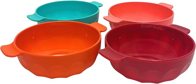 Mintra Home Unbreakable Plastic Bowl 4pk - Shatterproof, BPA Free, Reusable, Party Cups, BBQ, Colorful Set, indoors and outdoors (Teal, Orange, Dark Red, Salmon, Small with Handles - 550ml Set 2)