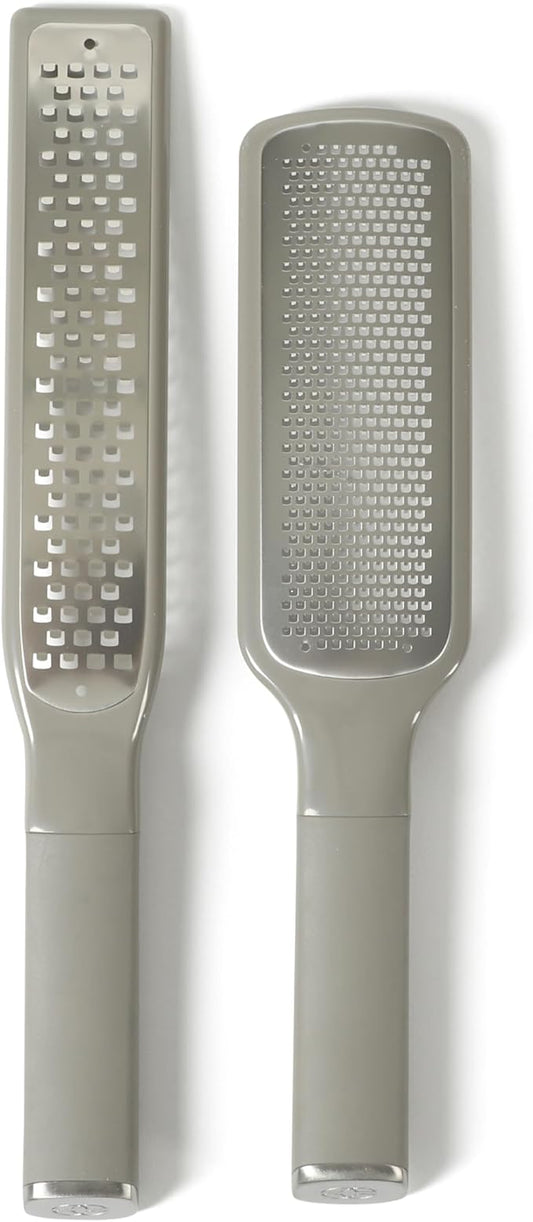 Calphalon Edge 2 Piece Stainless Steel Handheld Cheese Grater and Lemon Zester W/Covers & Rubber Handles - Taupe