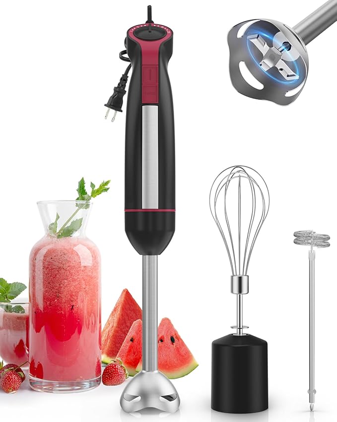 Immersion Blender Handheld 1000W, 3-in-1 Stick Hand Blenders for Kitchen with Upgraded 20 Speed Turbo, Includes Milk Frother & Electric Whisk Attachments for Soups, Purees & Emulsions