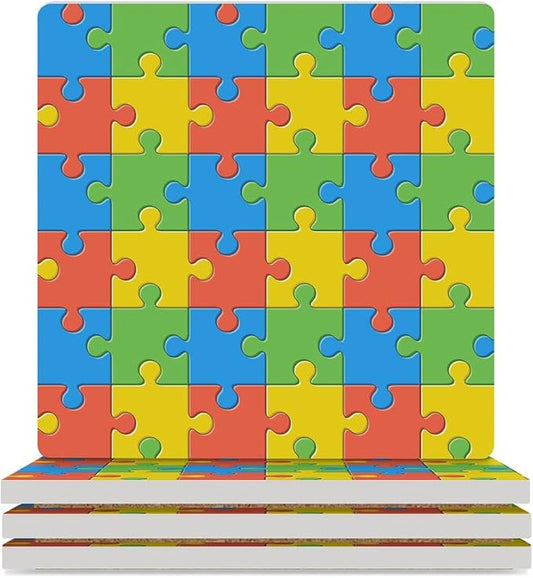 Gamer Drink Coasters, Square Ceramic Drink Coaster Square-4PCS, Kids Abstract Colorful Puzzle Toy Decor Absorbent Ceramic Coasters for Beverage Cup, Bar, Coffee Table