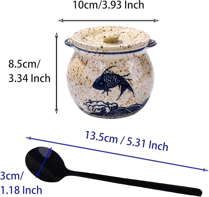 Japanese-Style Fish-Shaped Ceramic Sugar Jar & Spice Container with Lid & Stainless Steel Spoon Set – Decorative Koi Design, Kitchen Storage for Salt, Sugar (yl)