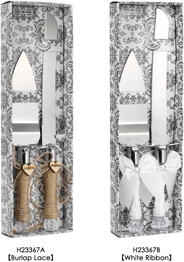 Irishom Stainless Steel Wedding Cake Knife Server Set Crystal Handles Cake Cutter with Packing Box for Wedding Anniversary (White Ribbon)