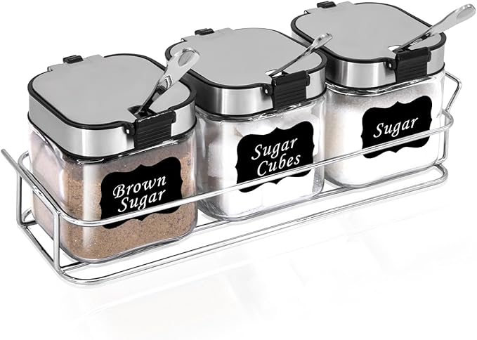Aelga Glass Sugar Bowl with Lid and Spoon, 8.5 OZ Sugar Container Stainless Steels Flip Lid with holder, Salt Container for Kitchen, Coffer Bar Accessories, Countertop, 3 Pack