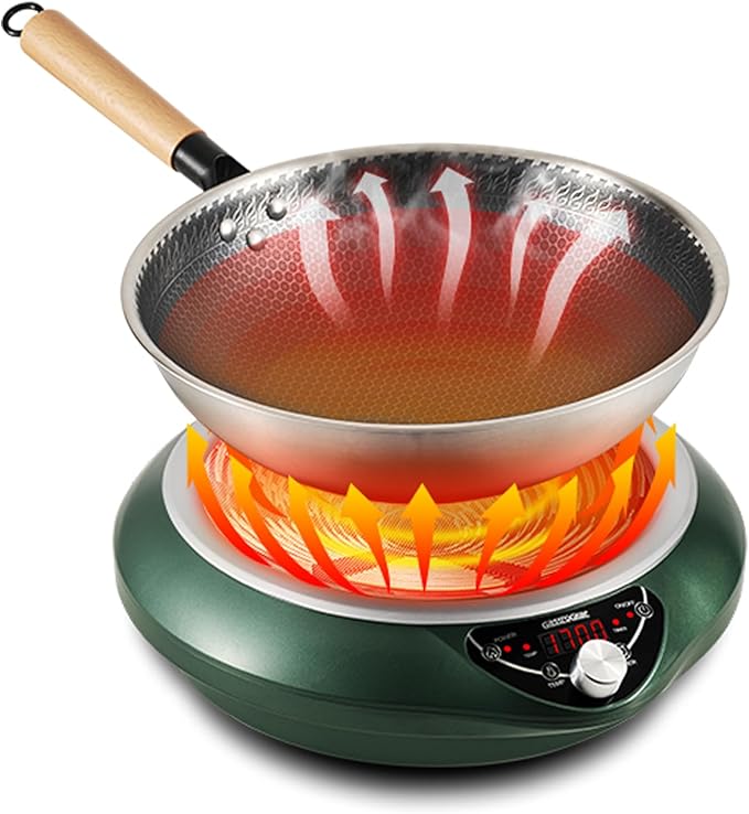 GastroGear Induction Wok Pan Cooktop 1700W (85V~175V) 16 Levels Temperature & Power Control Induction Wok Burner with 18 Hours Timer, Auto-off, Fast & Even Heating Concave Electric Stove (Green)