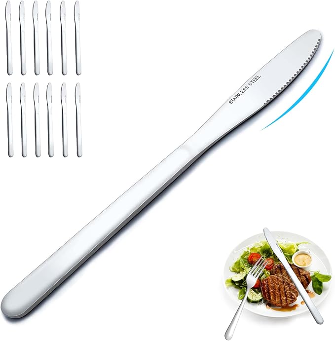 12 Pieces Dinner Knives Set, 8.1 Inches Table Knives Set, Durable Butter Knife, Food Grade Stainless Steel Dinner Knife, Cost-effective Knive Silverware - Mirror Polished, Dishwasher Safe