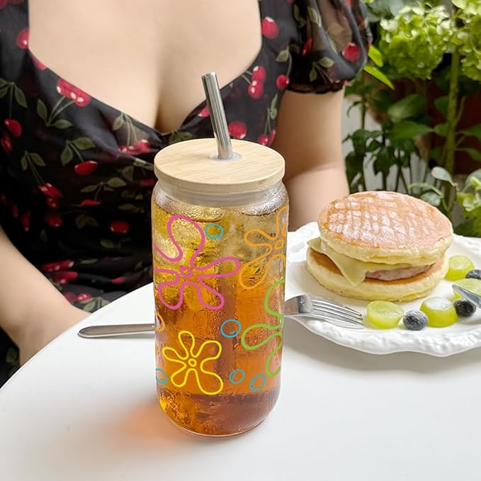 Yellow Cartoon Bubbles Glass Cups Gifts foe Women,Daughter,Friend,Ocean Bubbles and Flowers Glass Tumbler with Bamboo Lid and Straw,Birthday Thanksgiving,Christmas Gifts