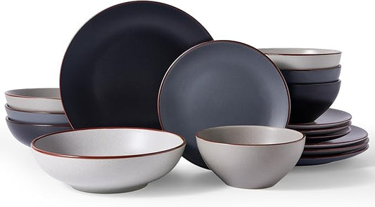 Famiware Venus Speckled Dinnerware Set with Pasta Bowls, Service for 4 (16 Pieces), Stoneware Plates and Double Bowls Sets, Microwave & Dishwasher-Safe Dishes with Trim, Matte Multi-color