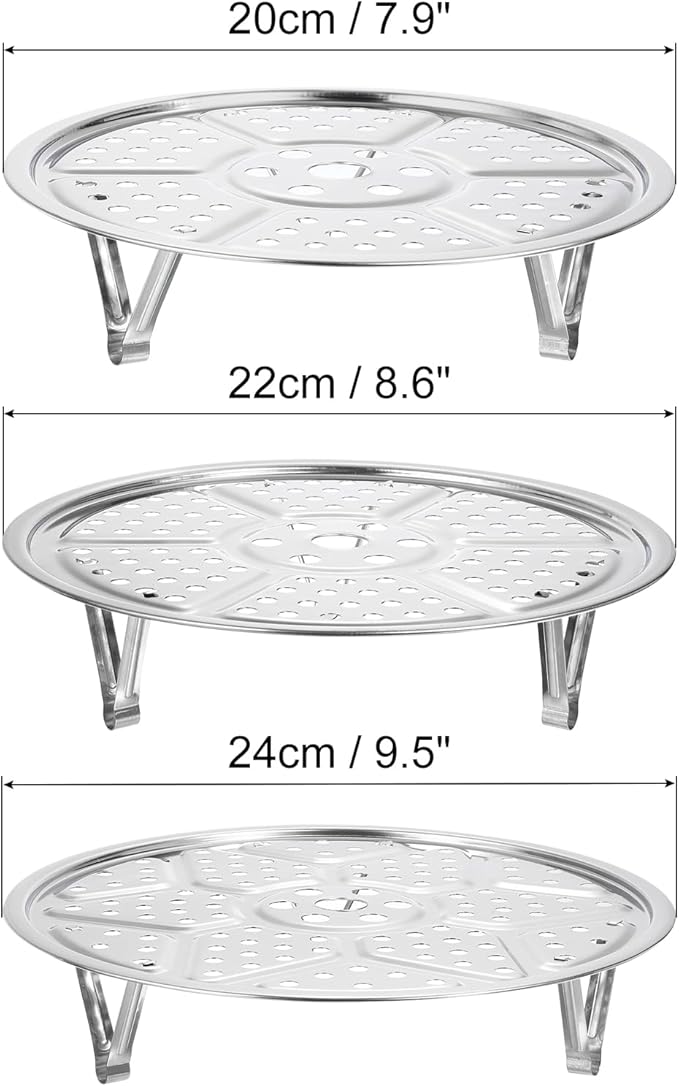 uxcell 3pcs Stainless Steel Steamer Rack with Stand, 7.9 Inches/8.6 Inches/9.5 Inches Pot Steaming Tray for Steamer Cookware Instant Pressure Cooker