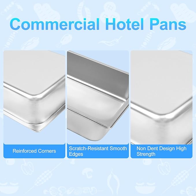 Carivia 6 Pack Hotel Pans, 1/1 Size 4" Deep Stainless Steel Trays for Food, 20.8" L x 13" W Catering Food Pan Commercial Table Pan for Hotel, Restaurant, Buffet, Party Supplies