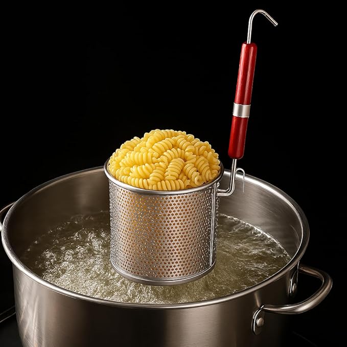 3PCs Mesh Pasta Basket Food Strainer Insert For Pot, Colander with Round Wooden Handle Stainless Steel Mesh Spider Strainer for Pasta Noodles Dumpling Vegetable