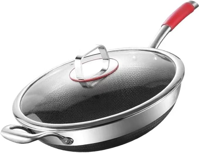 Moksha LifeStyle Honeycomb Wok 12 inch Pan with Lid, nonstick stir fry with silicone handles, Hybrid stainless steel cooking frying pan, dishwasher safe.