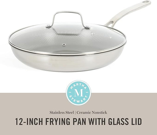 Martha Stewart Badgley Hybrid Nonstick 12 Inch TriPly Stainless Steel Large Fry Pan With Lid & Stay Cool Handle - Laser Etched Non-Toxic Perfect Sear Nonstick Skillet - Dishwasher and Induction Safe