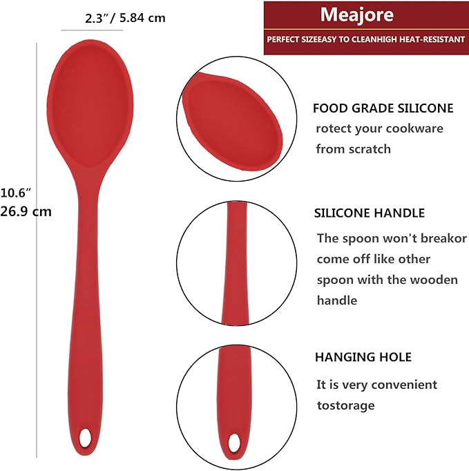 2 Pcs Silicone Spoons for Cooking Heat Resistant, Hygienic Design Cooking Utensi Mixing Spoons for Kitchen Cooking Baking Stirring Mixing Tools (Red)