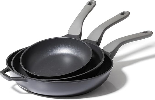 PRICUSIS 5Pcs Nonstick Frying Pan Set, 8+10+12 Inch Induction Compatible Skillet with Stay Cool Handle, Fully Coated, 100% Dishwasher Safe, PFOA Free (Black Sesame)