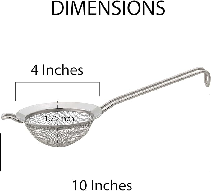 HIC Kitchen Fine Double Mesh Strainer, 18/8 Stainless Steel, 4-Inch, For Sifting Baking Ingredients, Straining, And Draining Soups And Sauces