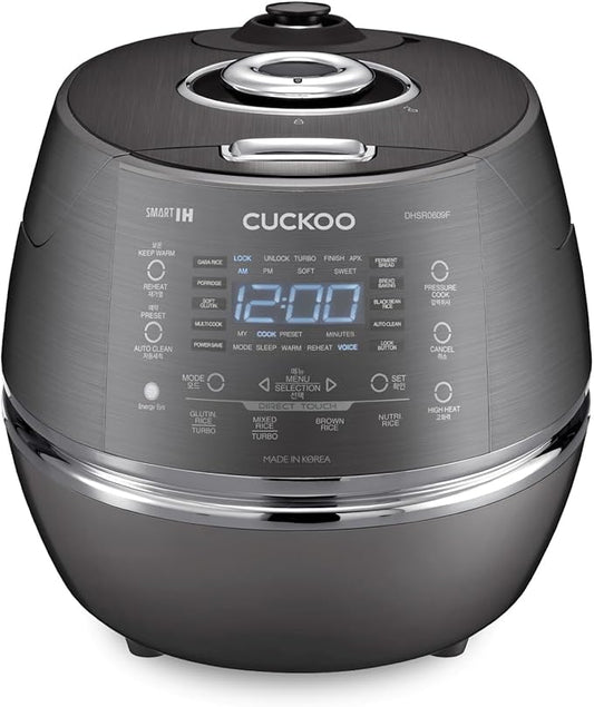 CUCKOO High Pressure Rice Cooker 6-Cup Uncooked / 12-Cup Cooked with Induction Heating Technology, Versatile Rice Maker with 21 Menu Options and Steam Plate, Voice Guide, Dark Gray (CRP-DHSR0609FD)