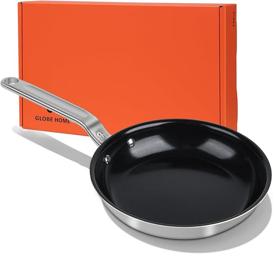 GLOBEHOME 10 Inch Ceramic Non Stick Frying Pans - 5 Ply Stainless Clad Nonstick Skillet, Toxic, PTFE & PFOA FREE, Professional Cookware for Induction, All Stoves and Oven up to 650°F