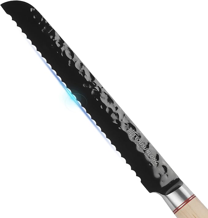 YOUSUNLONG Bread Knife 8 Inch Serated Knife - Japanese AUS8 Steel Black Titanium Coating Blade - Natural Canadian Maple Wood Handle - Bread Slicer Bread Knife For Homemade Bread
