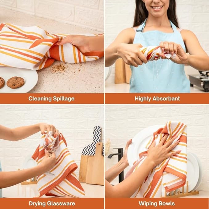 Kitchen Towel Set of 6, 100% Cotton Quick-Drying Absorbent Dish Towels & Tea Cloths, 20x30 Inch Decorative Farmhouse Towels for Kitchen, Honey Ginger,Grey & White Stripes