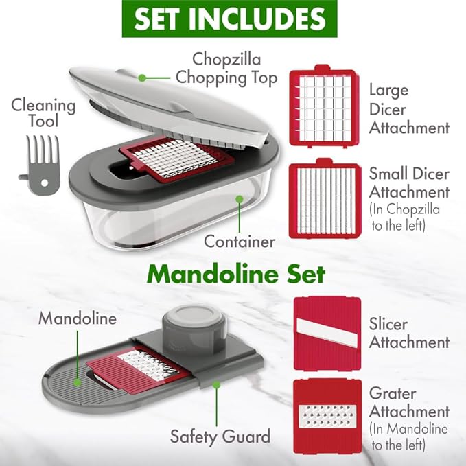 CHOPZILLA Vegetable Chopper and Mandoline Slicer for Kitchen Cuts 18x Faster, Come with 4 Blades, Scraper, & Container, All in 1 Veggie Chopper Vegetable Cutter, French Fry Cutter, Onion, Fruit, Salad