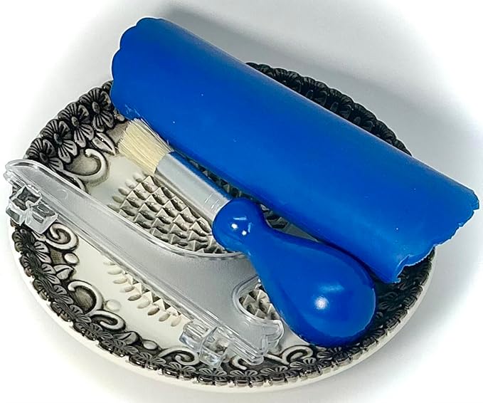 All-in-one Premium Ceramic Garlic Grater Plate 4-Piece Set - Black Embossed Design and Style - For Garlic, Ginger, Chocolate, and more! - Comes with 5.25" Plate, Peeler, Brush, and Stand