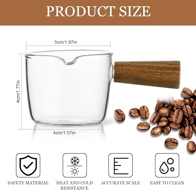 Mwellewm Single Spout Espresso Coffee Shot Glass with Wood Handle Measuring Cup Triple Pitcher Milk Cup Coffee Replacement Carafe for Barista Coffee Carafe Milk Espresso Making, 75 ml (2 Pieces)