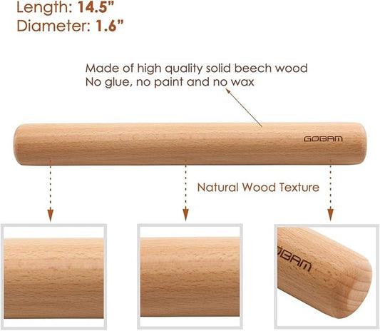 GOBAM Wood Rolling Pin, Large - Dough Roller for Pasta, Cookies, Pie, Pizza, Chapati, Fondant, Rolling Pins for Baking, Bread Making Tools and Supplies - 14.5 x 1.6 Inches