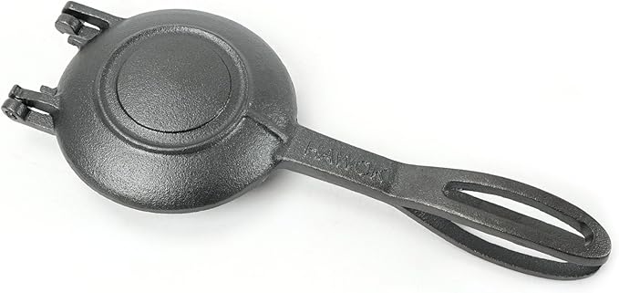 HAWOK Compact Cast Iron Grilled Sandwich Maker, 12" L x 4.72" W x 1.85" H, Round Pie Iron, Pre-seasoned