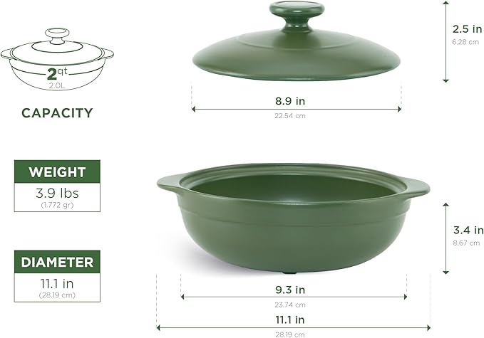 MINH LONG 2-Qt Porcelain Dutch Oven Pot with Lid – Non Toxic Clay Pot for Cooking on Gas & Infrared Cooktop, Lead & Cadmium Free, Oven Safe to 482°F, Heat Retention, Use to Marinate, Cook, Bake, Refrigerate & Serve