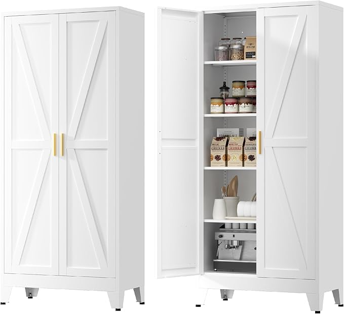Kitchen Pantry Cabinet,71" H x 31.5" W,Metal Farmhouse Storage Cabinet with Adjustable Shelves and Barn Doors,5-Tier Storage Cabinet for Kitchen Dining Room Garage,White