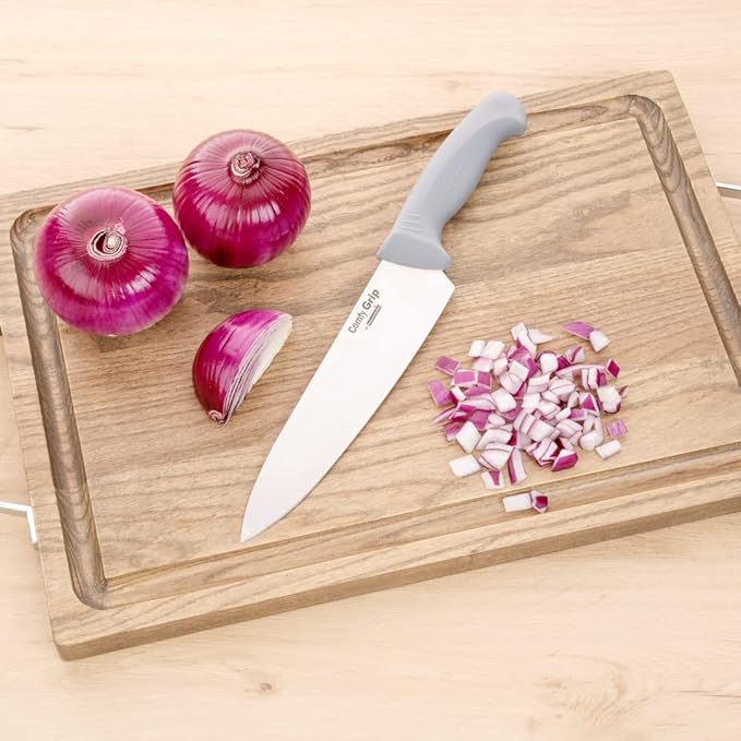 Restaurantware Comfy Grip 8 Inch Chef's Knife 1 Sharp Kitchen Knife - Ergonomic Handle Non-Slip Grip Gray Stainless Steel Cook's Knife Dishwashable Slice Dice Mince or Chop Ingredients