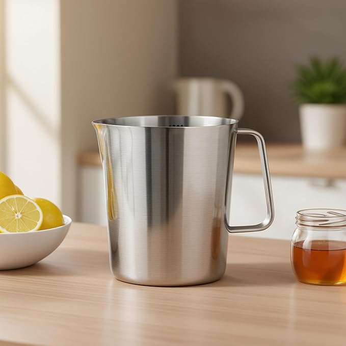 304 Stainless Steel Measuring Cup with Handle and Pour Lip, 32oz / 1000ml Metal Pitcher with Oz And ML Marking, 18/8 Stainless Steel Heavy-Duty Milk Frothing Jug for Latte Art Iced Tea Hot/Cold Water