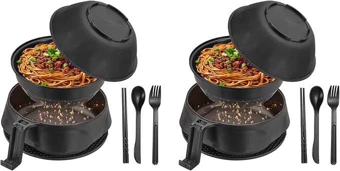 uxcell 2 Sets Microwave Ramen Bowl Set, Wheat Fiber Noodle Bowls Plastic Cooker with Lid Handle Fork Spoon Chopsticks for College Dorm Room Apartment, (Black)