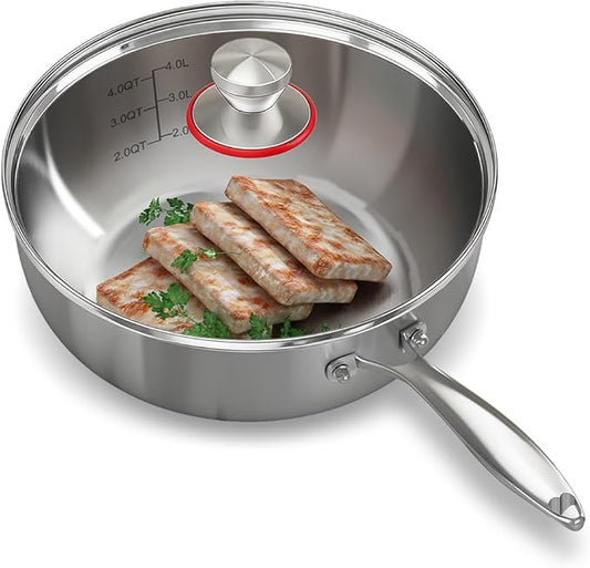 YeKuKing Tri-ply Stainless Steel Saute Pan 4-Quart with Clear Lid Deep Frying Pan for Chef's Cooking Wok Induction Oven Dishwasher Safe, Compatible with All Cooktops(Detachable Handle,10 Inch)
