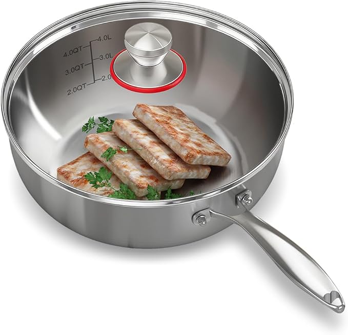YeKuKing Tri-ply Stainless Steel Saute Pan 7.5-Quart with Clear Lid Deep Frying Pan for Chef's Cooking Wok Induction Oven Dishwasher Safe, Compatible with All Cooktops(Detachable Handle, 13Inch)