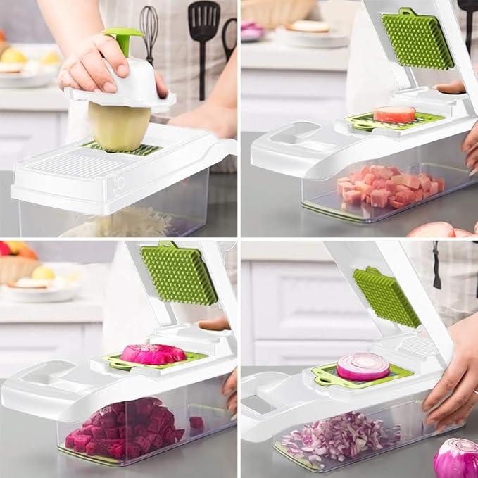ADOV Vegetable Chopper, 14 in 1 Multi-Function Kitchen Mandoline Slicer, 7 Replaceable Stainless Steel Vegetable Cutter with Egg Separator Hand Guard Julienne Grater for Onion Potato Fruits (Lime)