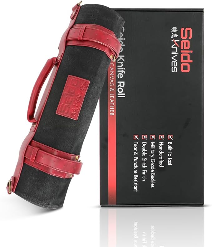 Seido Knives Professional Knife Roll Bag - Heavy Duty Canvas & Leather, Holds 18 Knives and Culinary Tools Including 12 Large Knives, with 4 Slots for Utensils and 2 Large Meat Cleavers