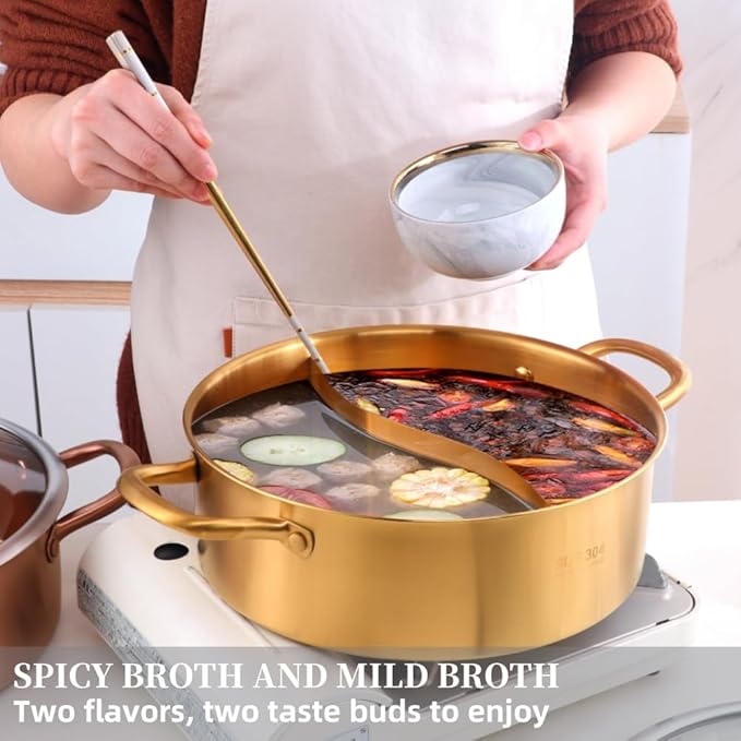 11.8 Inch Stainless Steel Shabu Hot Pot with Divider, Glass Lid Dual Sided Stockpots, Slotted Spoon and Soup Ladle for Induction Cooktop Gas Stove (Orange Red)