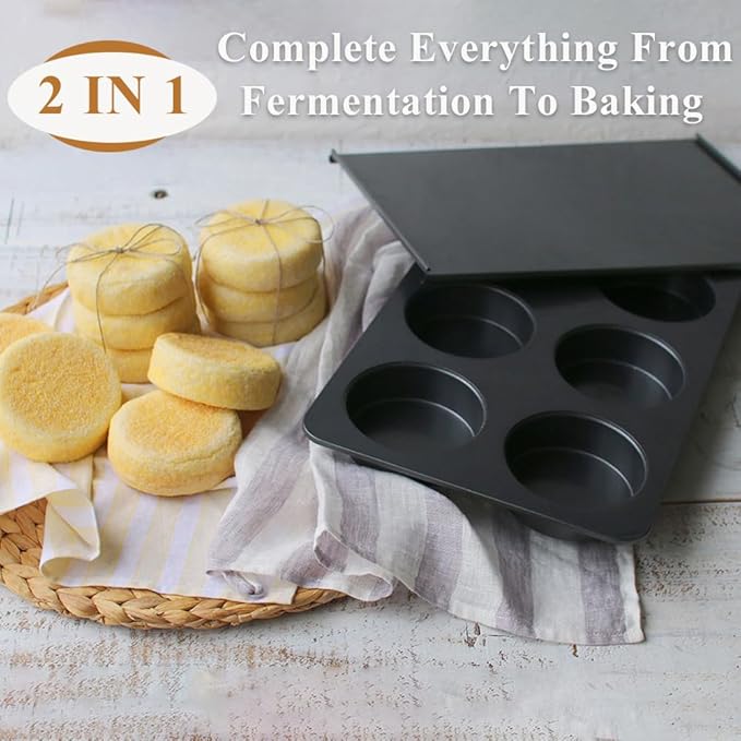 Elesinsoz 6 Cup Straight Side Jumbo English Muffin Cupcake Pan with Lid, Nonstick Hamburger Burger Bun Mold Muffin Pan for Baking Egg Sandwich Frittata Cinnamon Roll Focaccia Quiche Pancake
