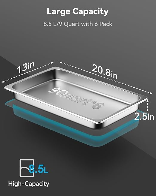 ZeroPone 6 Pack Hotel Pans Full Size 2.5" Deep Stainless Steel Steam Table Pan, 20.8" L x 12.8" W 22 Gauge Metal Commercial Catering Food Pans Anti Jam Food Storage Containers