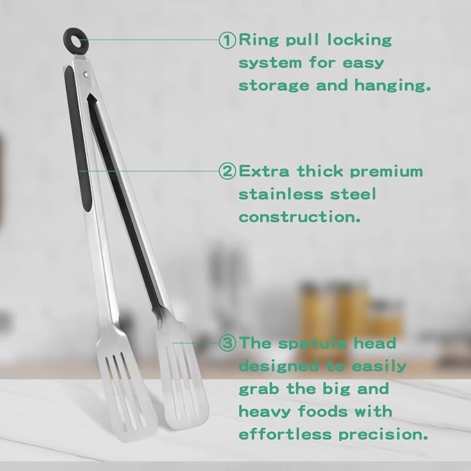 Lebabo Metal Tongs for Cooking, Set of 2 Stainless Steel Spatula Tongs for Grilling, Cooking and Flipping, Strong Grip for Ribs, Steak and Fish, Comfortable Grip, Easy Pull Lock, 9 inch & 12 inch