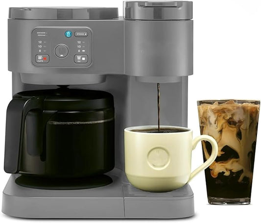 K-Duo Essentials Coffee Maker for Hot and Iced Drinks, Single Serve KCup Pod Brewer and 12 Cup Carafe Drip Coffee Pot, 72 oz Water Reservoir, Perfect for Home & Office (Gray)
