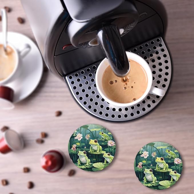 Lotus Leaves Frogs Round Coasters Set of 2, Absorbent Ceramic Coaster with Cork Base, Bar Coasters for Drinks Coffee Mugs Tea Cups Wine Glasses Home Decor Gifts (4 inches Diameter)