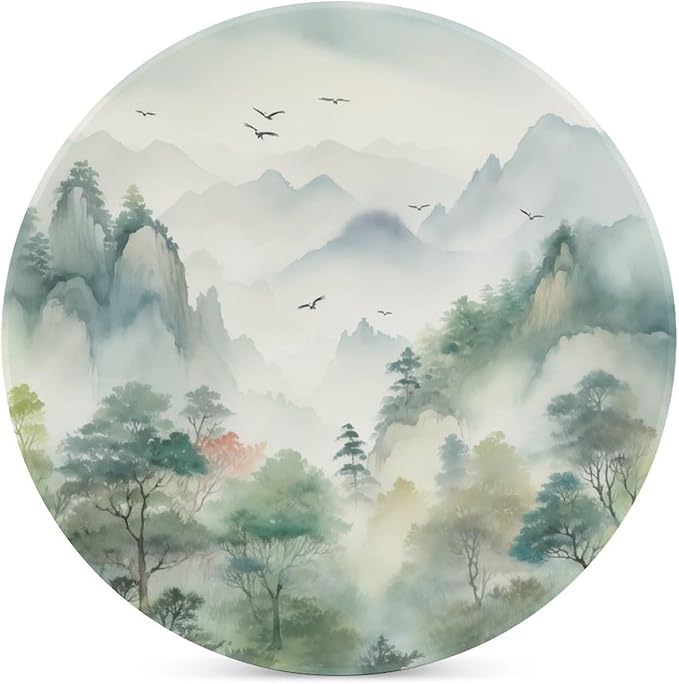 4PCS Forest Ceramic Coasters, Round Absorbent Drink Coasters,Nature Woodland Green Forest Mountain Plant Flying Birds Ceramic Table Coasters for Coffee, Beverage, Wine, Beer Coasters
