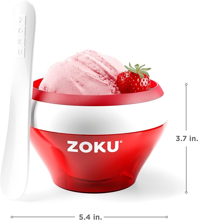 ZOKU Ice Cream Maker, Compact Make and Serve Bowl with Stainless Steel Freezer Core Creates Soft Serve, Frozen Yogurt, Ice Cream and More in Minutes, BPA-free, Red