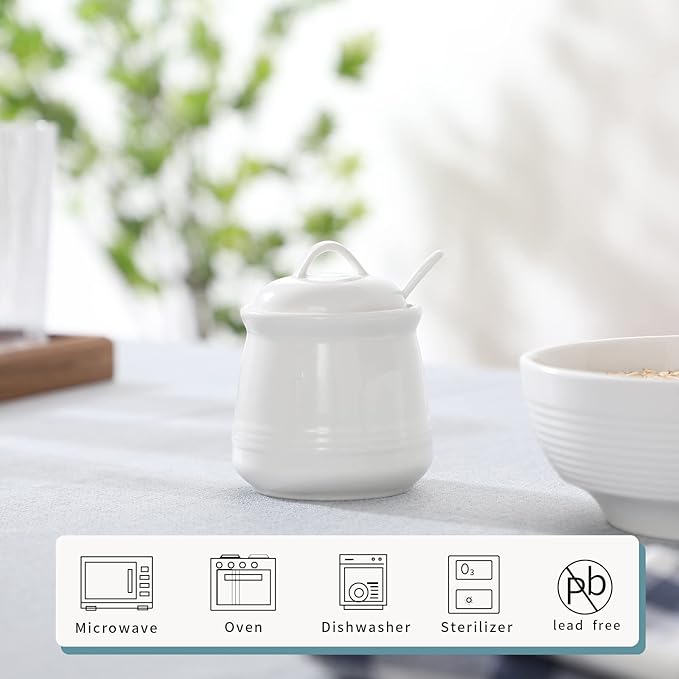 HAOTOP Porcelain Sugar Bowl, Ceramic Salt Bowl with Spoon and Lid for Home and Kitchen, 12 Ounces (White)