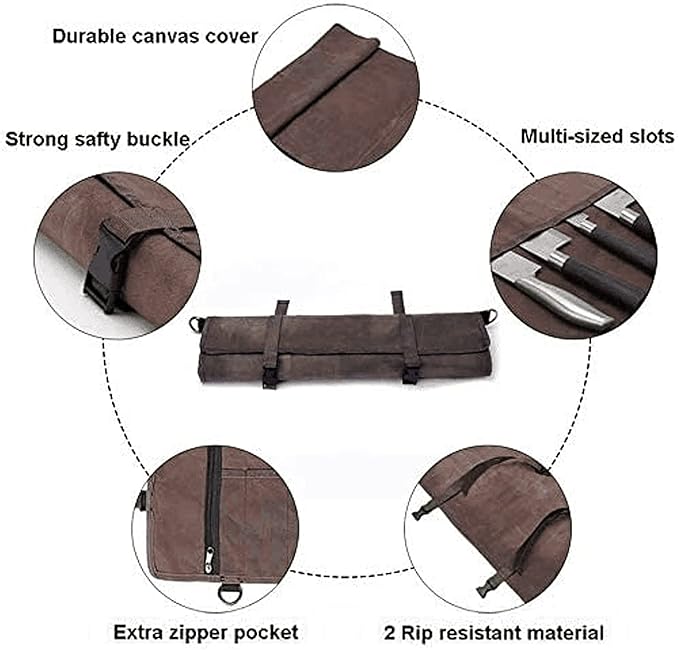 Chef’s Knife Roll Bag,Waxed Canvas Knife Cultery Carrier, Portable Chef Knife Cases,Knife Pouch Holders With 10 Slots Plus 1 Zipper Pockets Can Hold Home Kitchen Knife Tools Up To 18.8”
